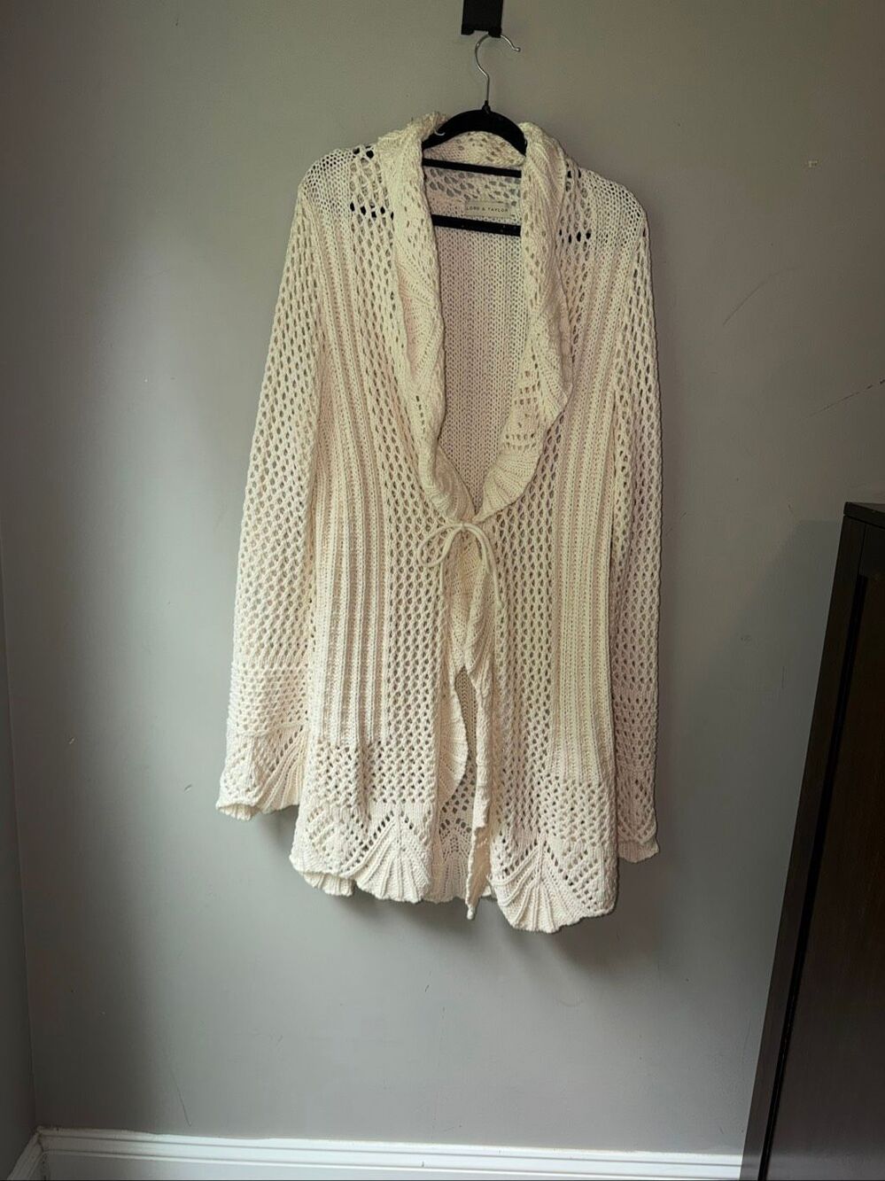 Lord & Taylor vintage off white open knit crochet fairy core coquette open front